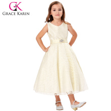 Grace Karin Mode Design Sans manches V-Neck Beige Lace Flower Girl Dress Petite Robe de fille 2 ~ 12Years CL008938-4